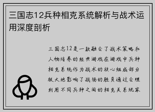 三国志12兵种相克系统解析与战术运用深度剖析